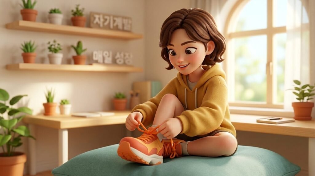 아주 작은 습관의 핵심 원리인 '2분 규칙'에 따라 운동화 끈을 묶고 있는 3D 캐릭터