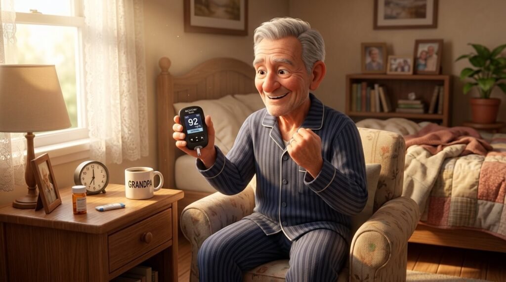 아침에 혈당 측정기로 정상 수치를 확인하며 공복 혈당 낮추는 방법의 효과에 기뻐하는 3D 캐릭터