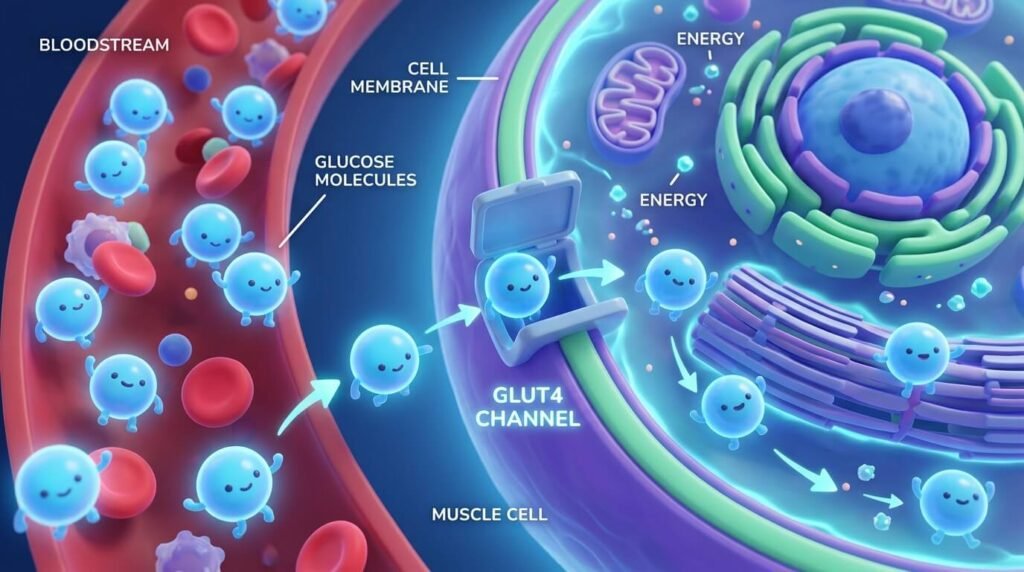 근육이 포도당을 흡수하여 공복 혈당 낮추는 방법의 과학적 원리를 보여주는 3D 도식