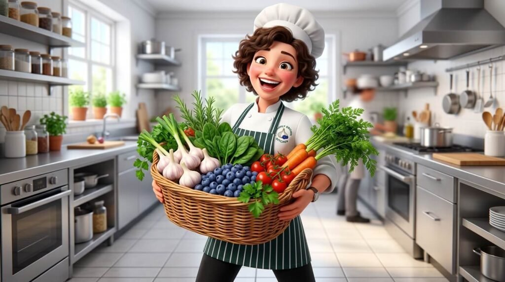 면역력을 높이는 최고의 슈퍼푸드인 마늘, 블루베리, 시금치, 요거트, 강황이 배치된 건강 식단 이미지