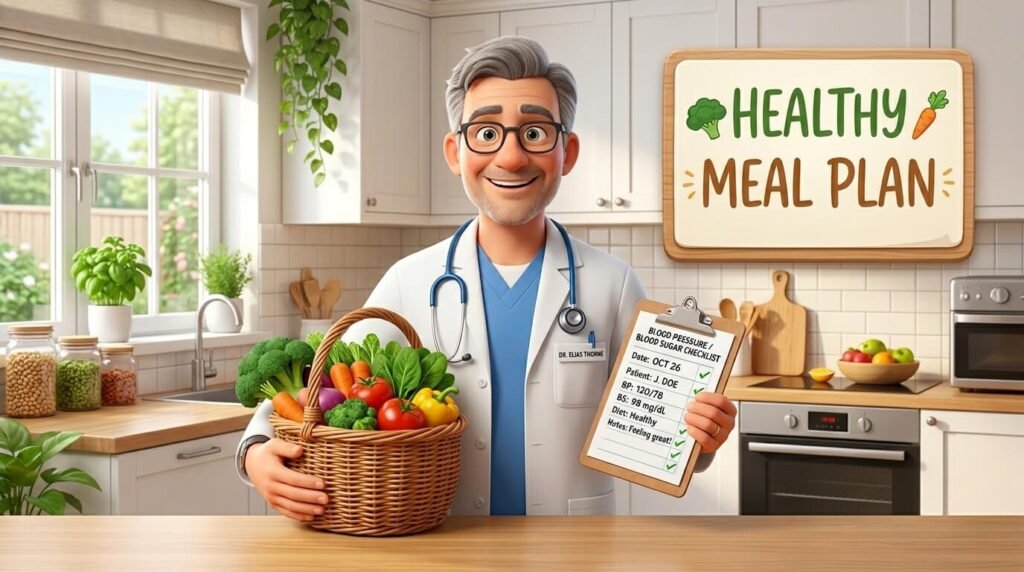 고혈압/당뇨 환자를 위한 식단 관리 원칙을 설명하는 영양사 3D 캐릭터 이미지