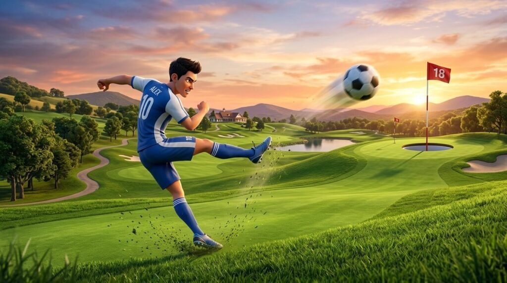 이색 스포츠 비교 분석에서 풋골프 축구공을 힘차게 차는 3D 캐릭터