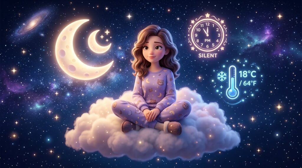 불면증 극복을 위해 구름 위에서 편안하게 휴식을 취하는 심리적 안정 상태의 캐릭터