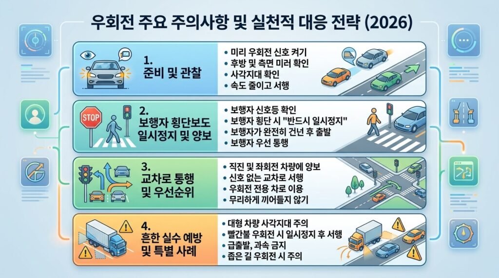 전방 적신호 시 우회전 일시정지 의무와 보행자 보호를 위한 상세 운전 수칙