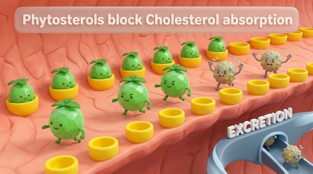 식물성 스테롤이 장막에서 콜레스테롤과 흡수 경쟁을 벌여 체내 유입을 차단하는 혈중 콜레스테롤 낮추는 음식의 효과 시각화