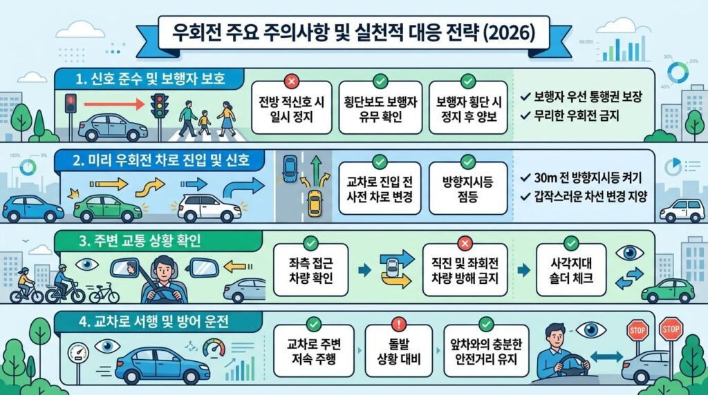 우회전 일시정지 상황별 핵심 주의사항 및 4단계 실전 대응 전략 요약