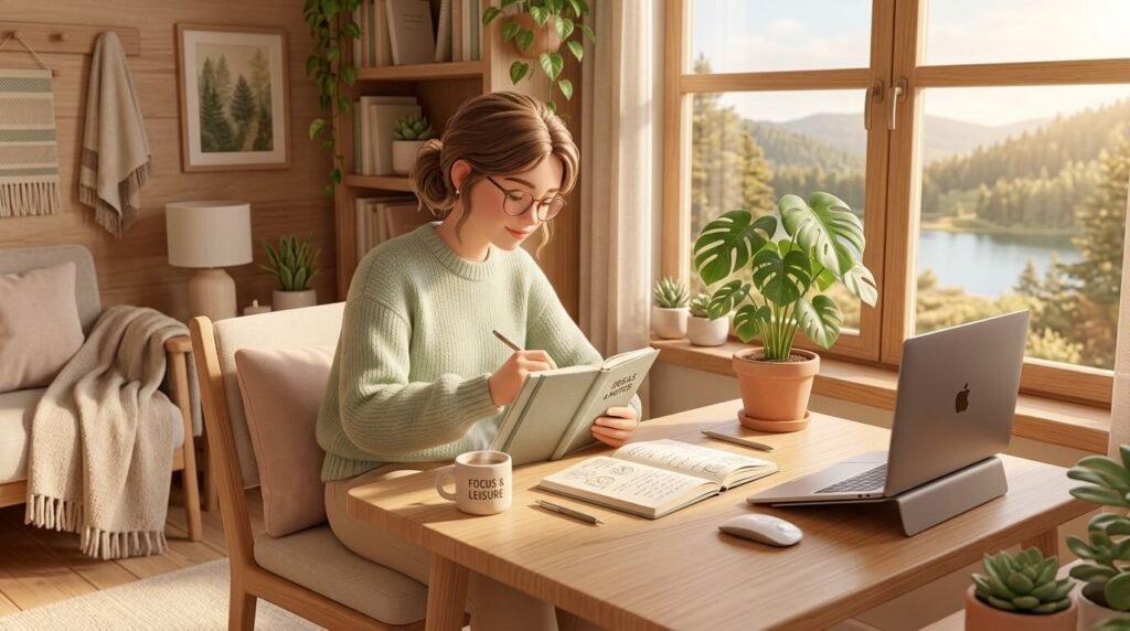 번아웃 예방을 위해 차분한 환경에서 슬로우 생산성을 실천하며 몰입하는 인물의 3D 일러스트