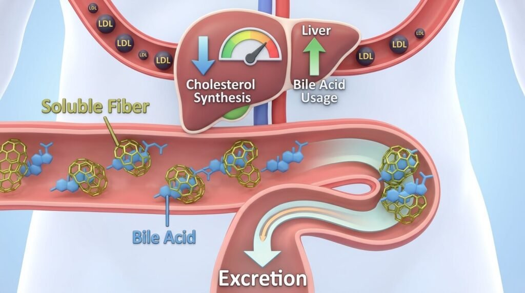 수용성 식이섬유가 장내에서 담즙산과 결합하여 혈중 콜레스테롤 낮추는 음식의 생화학적 기전을 설명하는 3D 다이어그램