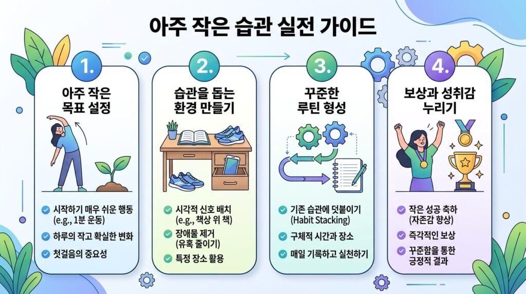 아주 작은 습관 성공 4단계 전략(목표 설정, 환경 조성, 루틴 형성, 보상 누리기) 요약 표