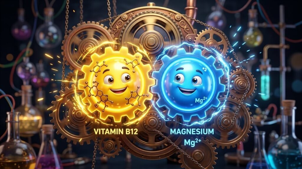 만성 피로 증상 해결을 돕는 비타민 B군과 마그네슘 분자 캐릭터