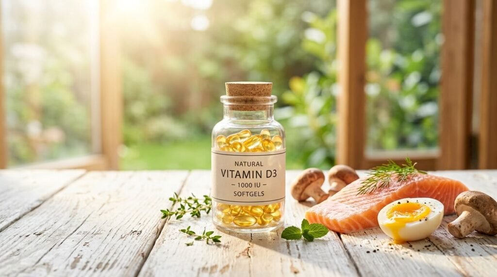 연령별 비타민 D 권장량 섭취가이드와 효능을 상징하는 실사 이미지