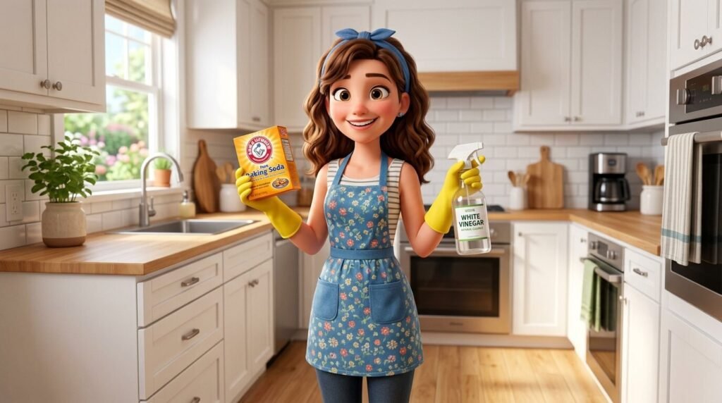 베이킹소다와 식초로 배수구 살균 꿀팁을 실천하려는 귀여운 3D 캐릭터