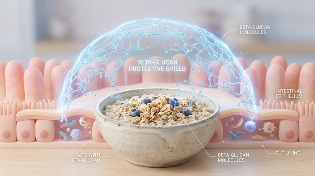 3D render of oats with a glowing fiber mesh shield protecting the gut wall