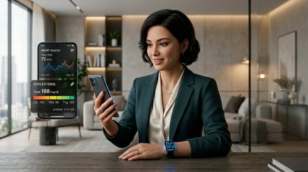 3D character checking vascular health data on a futuristic smartwatch