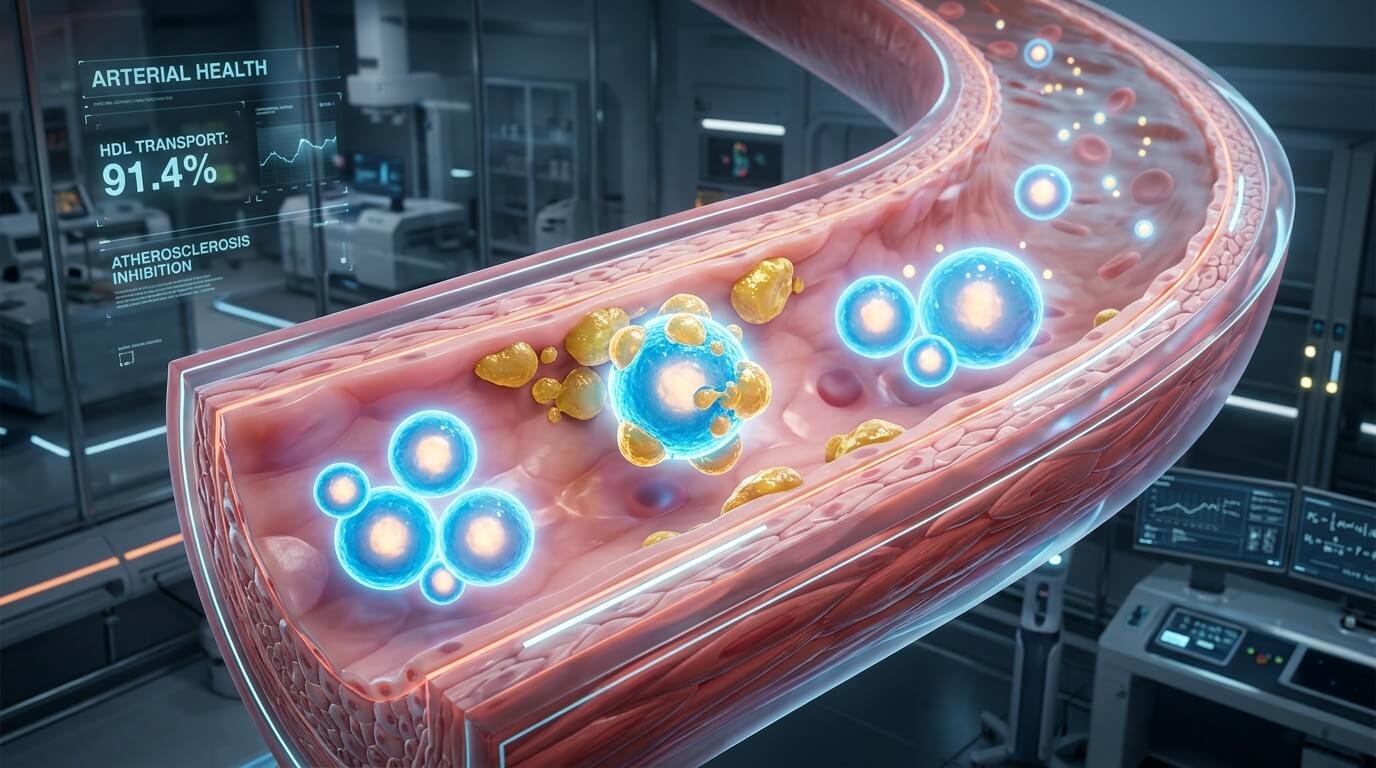 3D medical illustration of HDL particles removing LDL cholesterol from an artery wall