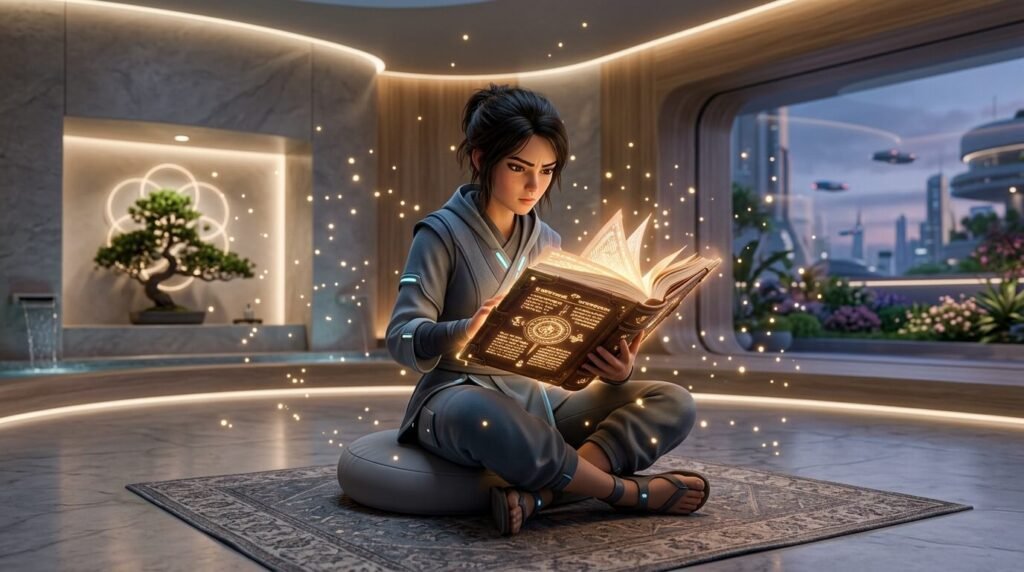 A 3D character focused intensely on reading a giant glowing book in a peaceful zen space.
