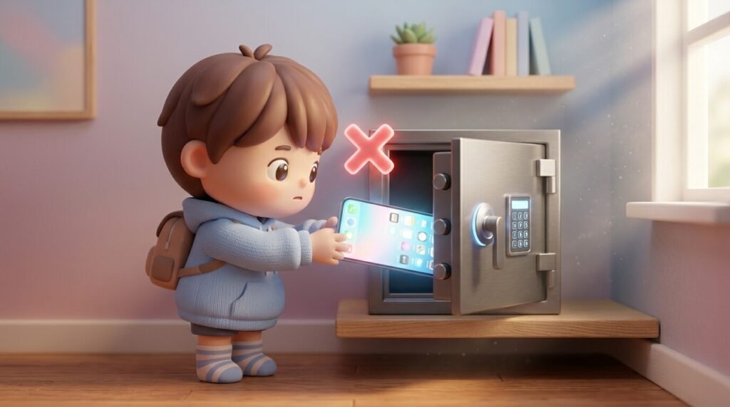 A cute 3D character locking a glowing smartphone inside a modern steel safe box.