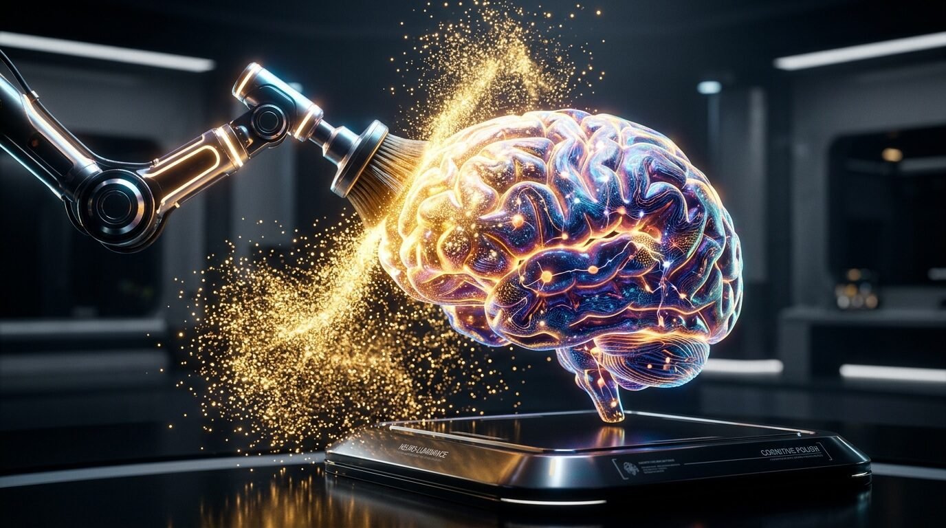 A 3D human brain being purified with glowing golden particles in a clean studio setting.
