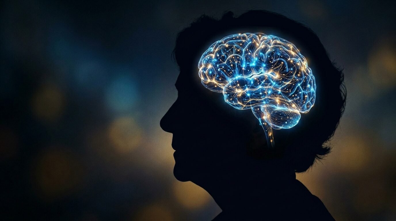 노인 우울증 극복과 뇌 건강의 회복을 상징하는 빛나는 신경망과 노인의 실루엣