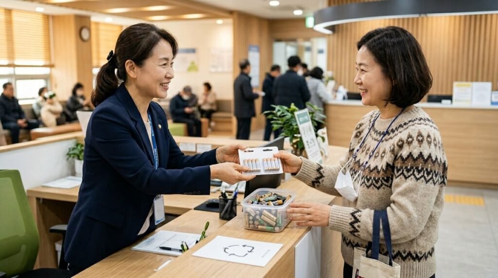 폐건전지 버리는 법 가이드를 따라 가까운 주민센터에서 다 쓴 전지를 교환하는 과정