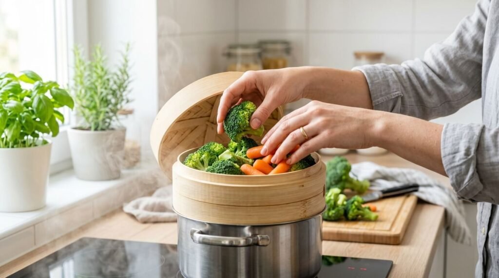 만성 염증 수치를 높이는 당독소를 최소화하기 위해 채소를 찌고 있는 주방 장면