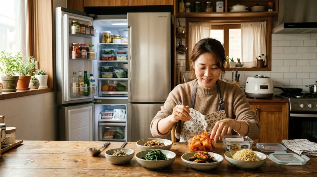 아파트 주방 조리대에서 김치와 반찬을 냉장고 냄새 방지를 위해 밀폐 유리 용기에 옮겨 담는 일상적인 모습