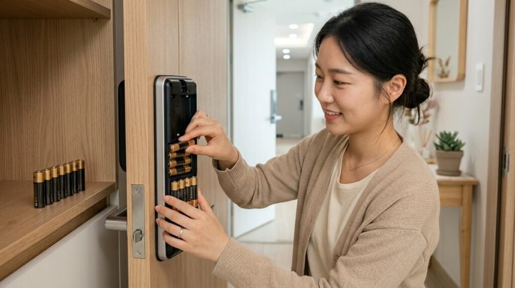 도어락 배터리 방전 해결 후 현관문 안쪽에서 동일 브랜드의 새 알칼리 건전지 세트로 전량 교체를 완료한 결과