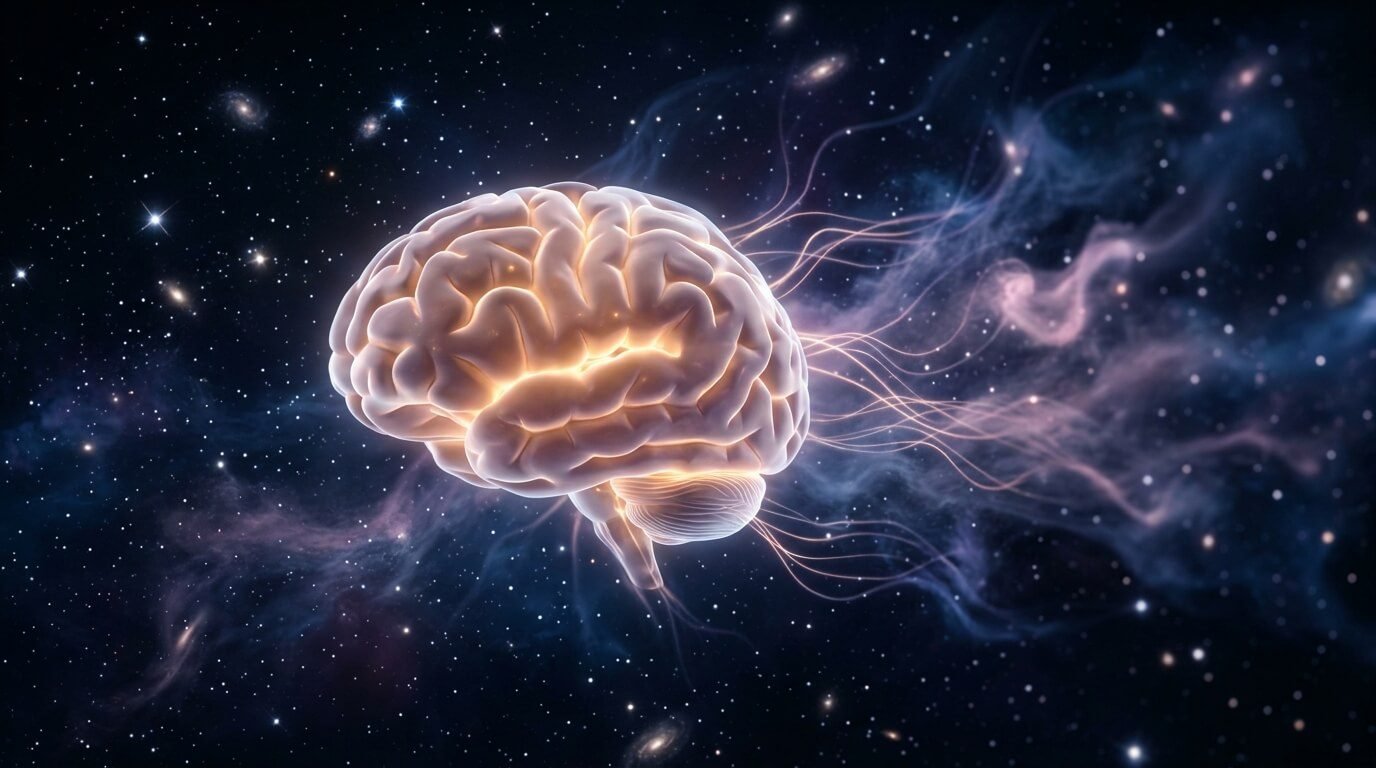 수면과 치매 예방을 상징하는 밤하늘 배경의 빛나는 인간 뇌와 신경망 이미지