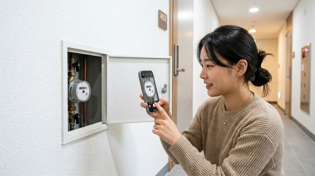 아파트 관리비 고지서 보는 법 중 개별사용료의 오부과 여부를 확인하기 위해 현관 복도 계량기 지침 숫자를 촬영하는 행동