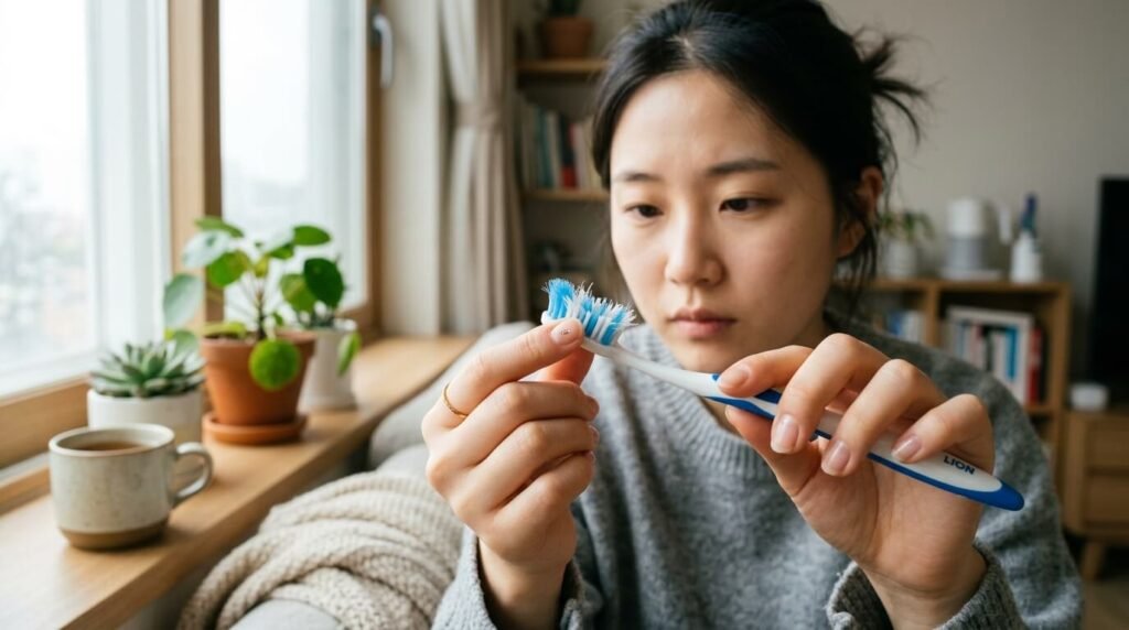 칫솔 교체 주기를 확인하기 위해 칫솔모의 변형 상태를 점검하는 과정