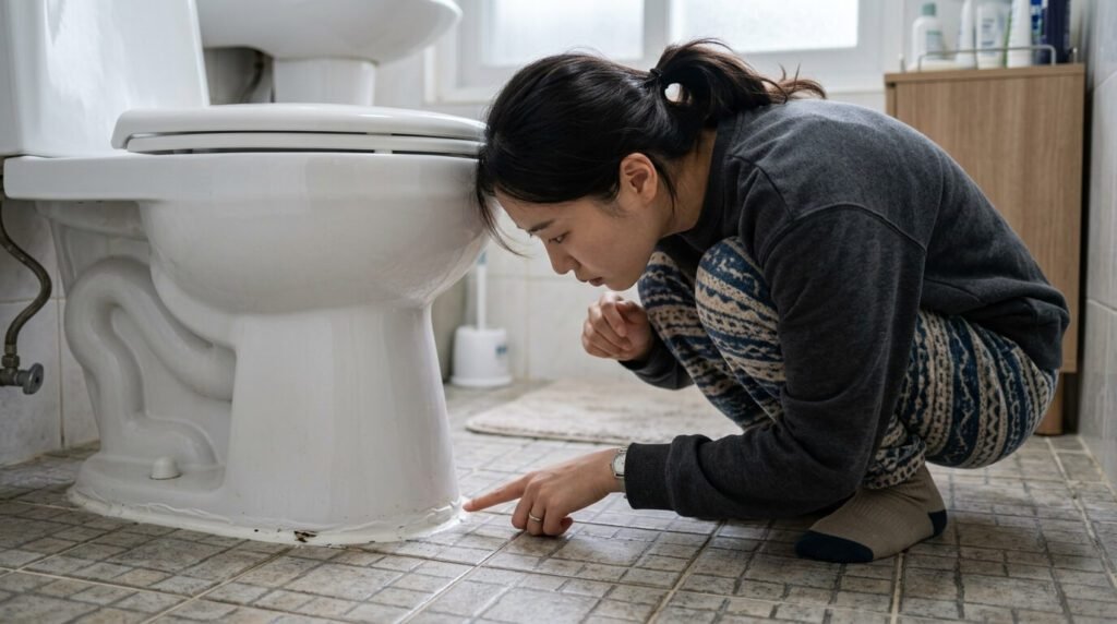 변기 냄새 제거를 위해 변기 하부 마감재의 균열 상태를 점검하는 과정
