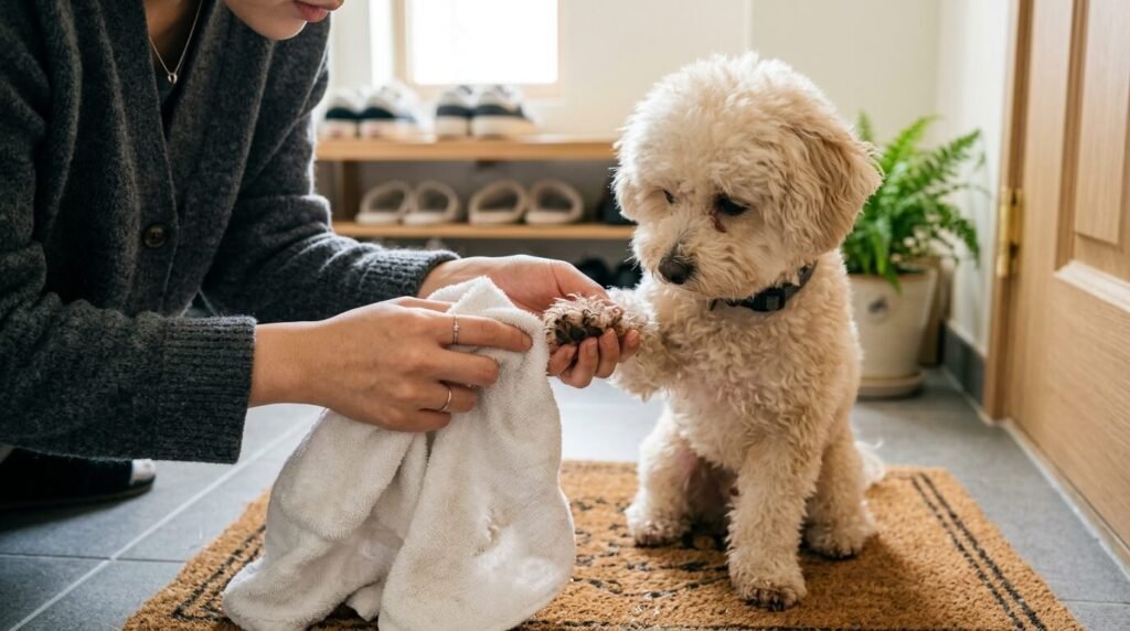 귀가 직후 거실 진입 전 현관에서 미세먼지 많은 날 반려동물 산책 후의 잔여 오염물을 습식 천으로 흡착 세척하는 장면