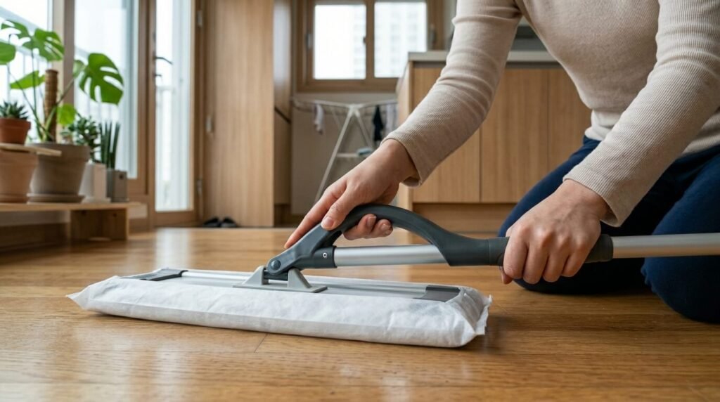 미세먼지 예보 보는 법을 확인한 후 환기를 마치고 바닥에 앉은 분진을 정전기 청소포 마찰로 닦아내는 장면