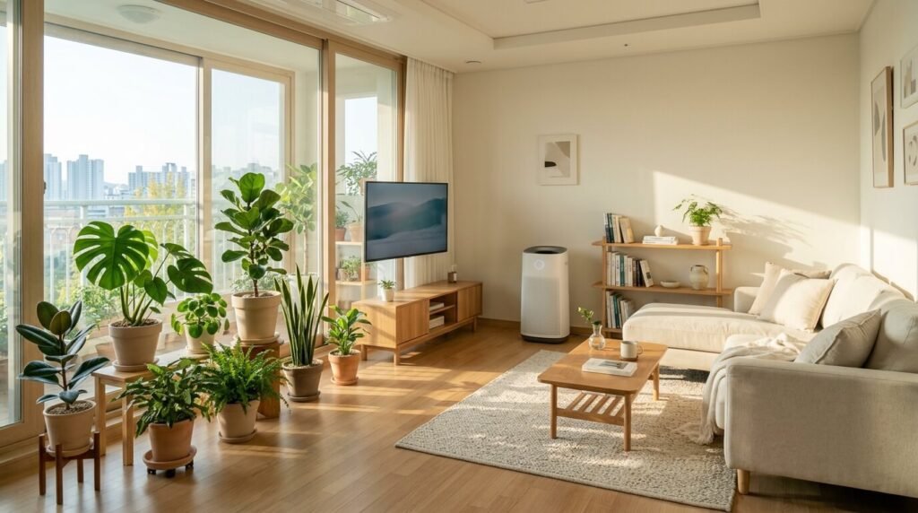 기계식 가전과의 동선 분리와 토양 유격 정돈을 마쳐 실내 공기가 보송해진 미세먼지정화식물 배치 거실 환경