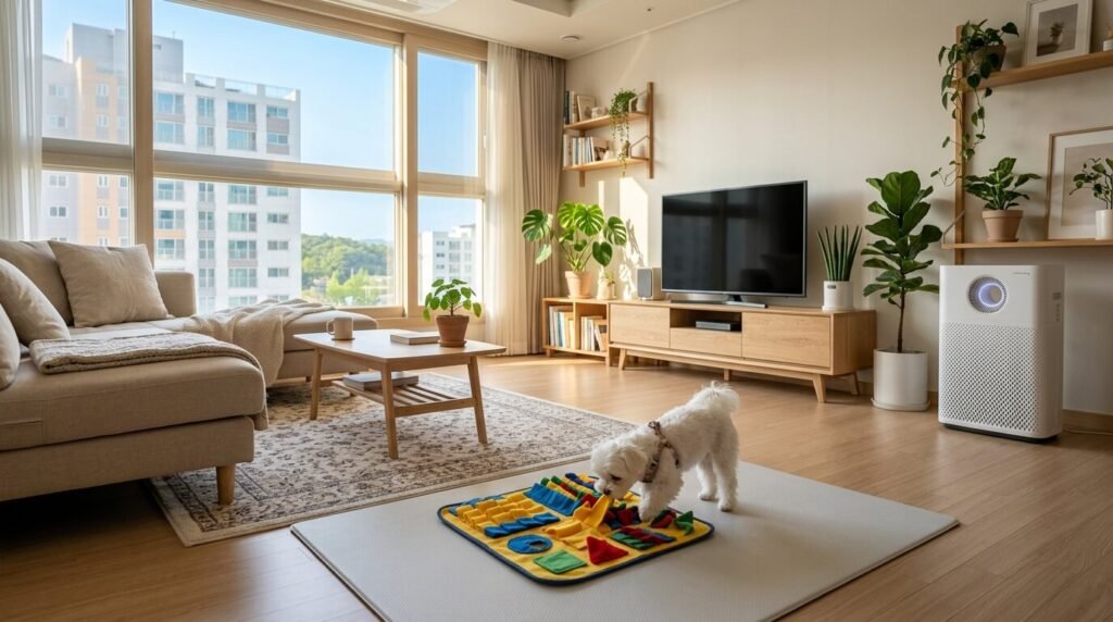 올바른 미세먼지 많은 날 반려동물 산책 통제와 사후 정돈을 마치고 실내 노즈워크로 스트레스를 해소하는 보송한 거실 환경