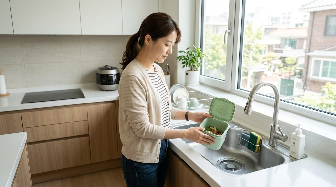 주방 싱크대를 정돈하며 집 안 벌레 줄이는 방법을 실천하는 모습