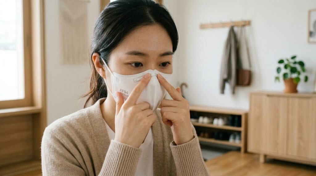 미세먼지 마스크 고르는 법에 맞춰 코편을 밀착시키는 올바른 착용법
