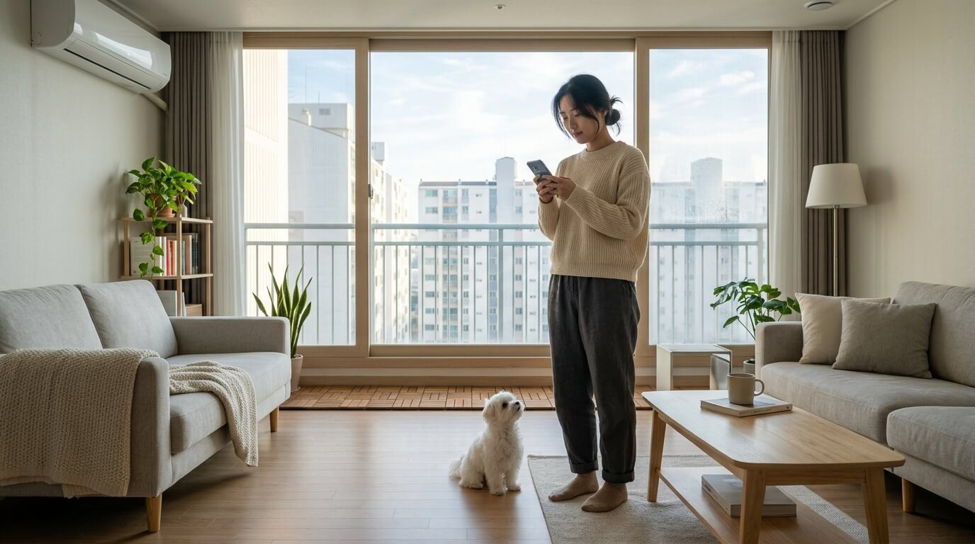 실외 기온 변화를 점검하며 반려견 옷은 필수품인가에 대한 판단 기준을 확인하는 젊은 한국인 여성