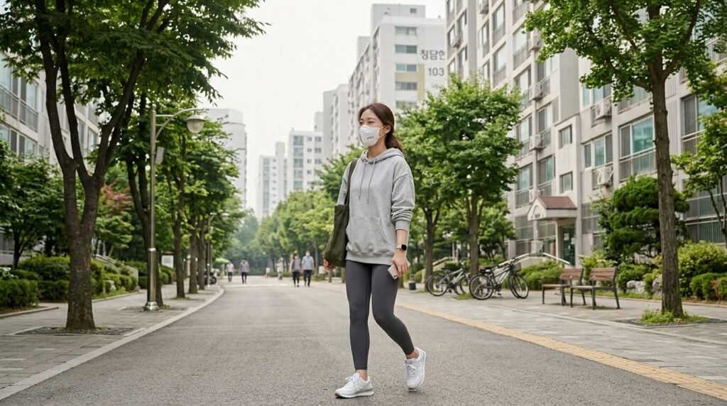 일상 산책 시 호흡이 편한 미세먼지 마스크 고르는 법과 착용 모습