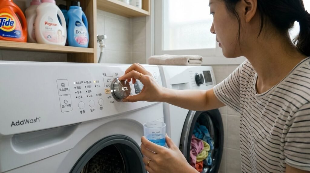 수건 냄새 제거를 위해 세탁기 온도를 설정하고 세제 양을 조절하는 손길
