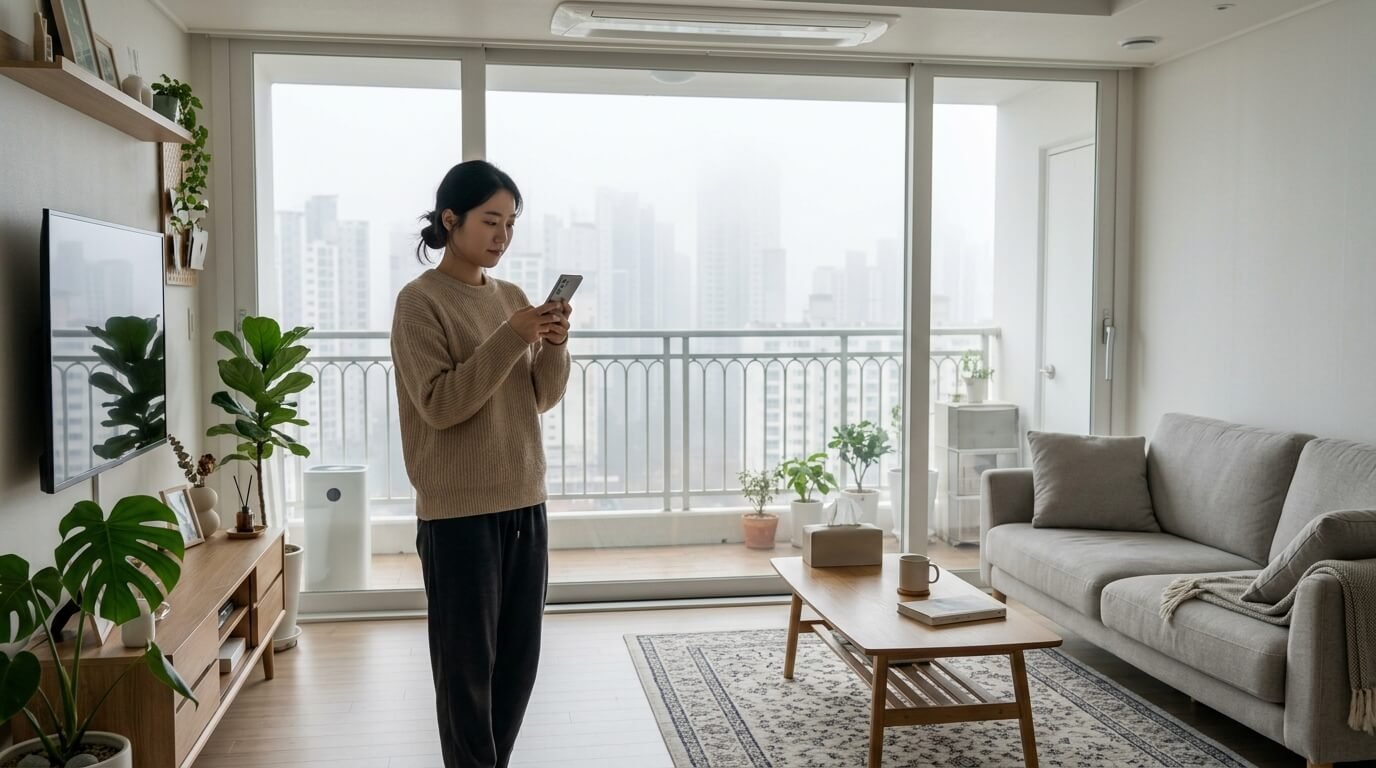 실내 환기 주기를 판단하기 위해 스마트폰으로 미세먼지 예보 보는 법을 확인 중인 젊은 한국인 여성