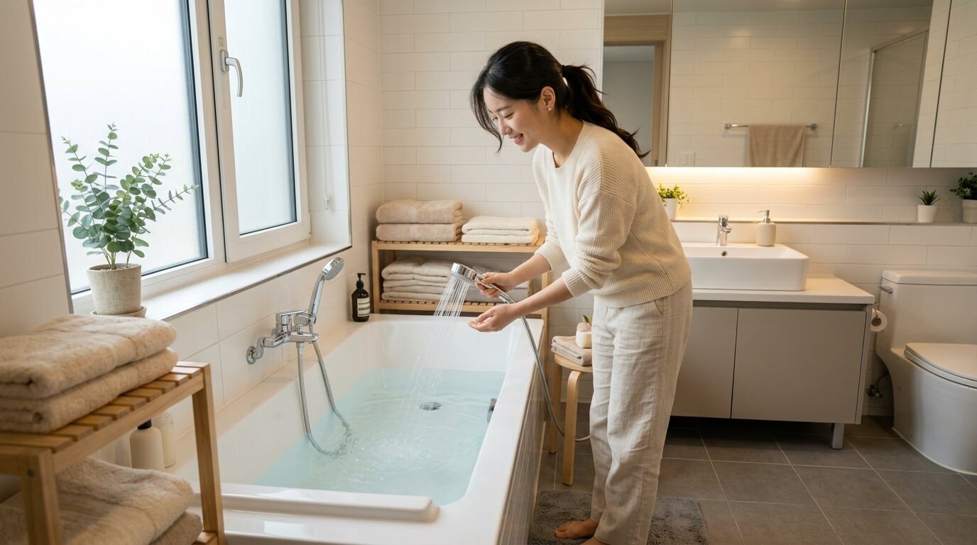 목욕 시작 전 긴장 완화 기류를 만들고 미끄럼 방지를 단속하는 올바른 반려견 목욕시 주의사항 준비 단계