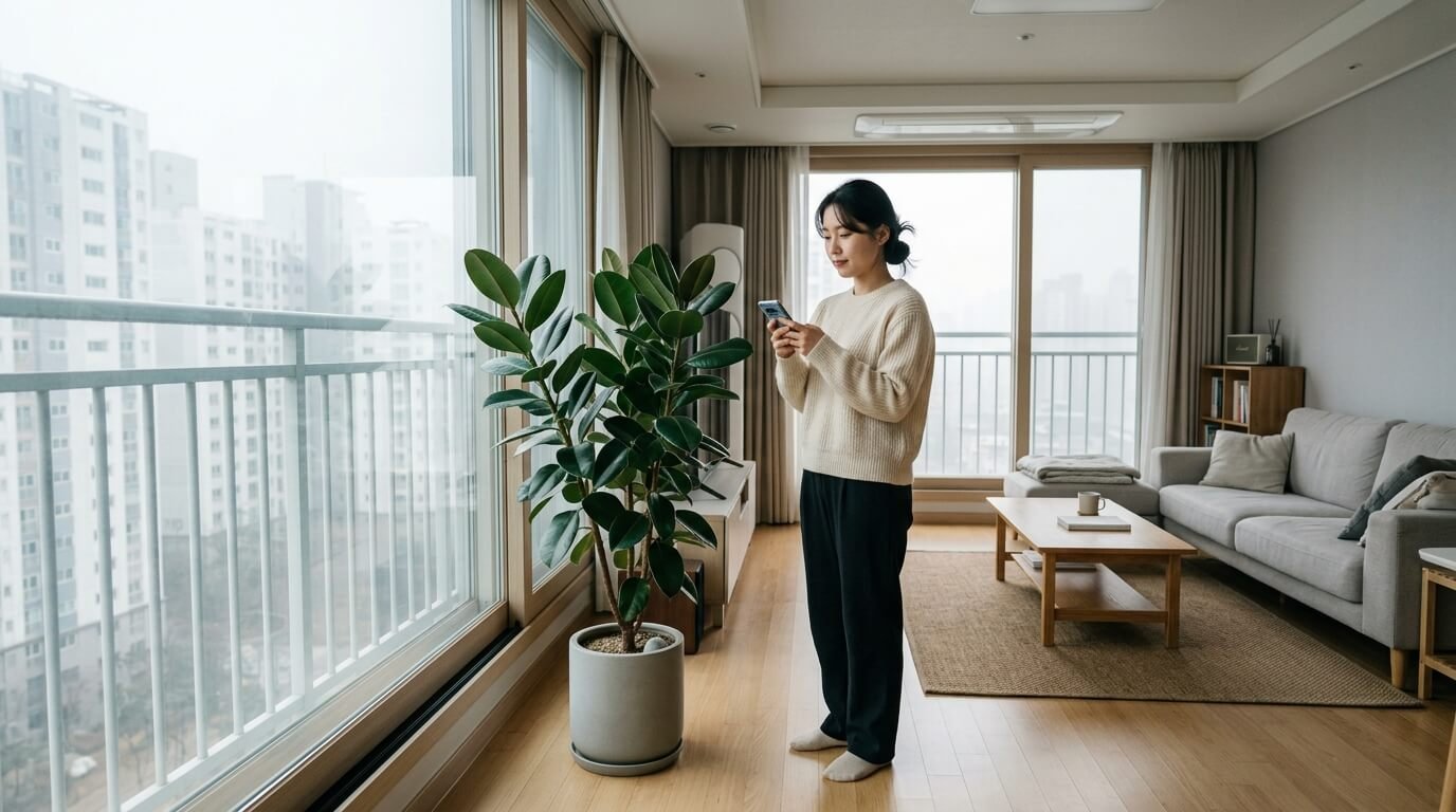 대기 예보 수치를 살피며 주거 공간의 청결을 위해 미세먼지정화식물 배치 기준을 검토하는 젊은 한국인 여성