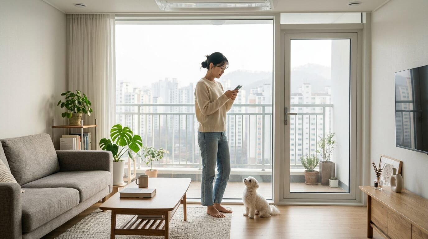 실외 활동 여부를 판단하기 위해 스마트폰으로 대기 오염 농도를 확인하며 미세먼지 많은 날 반려동물 산책 기준을 점검하는 젊은 한국인 여성