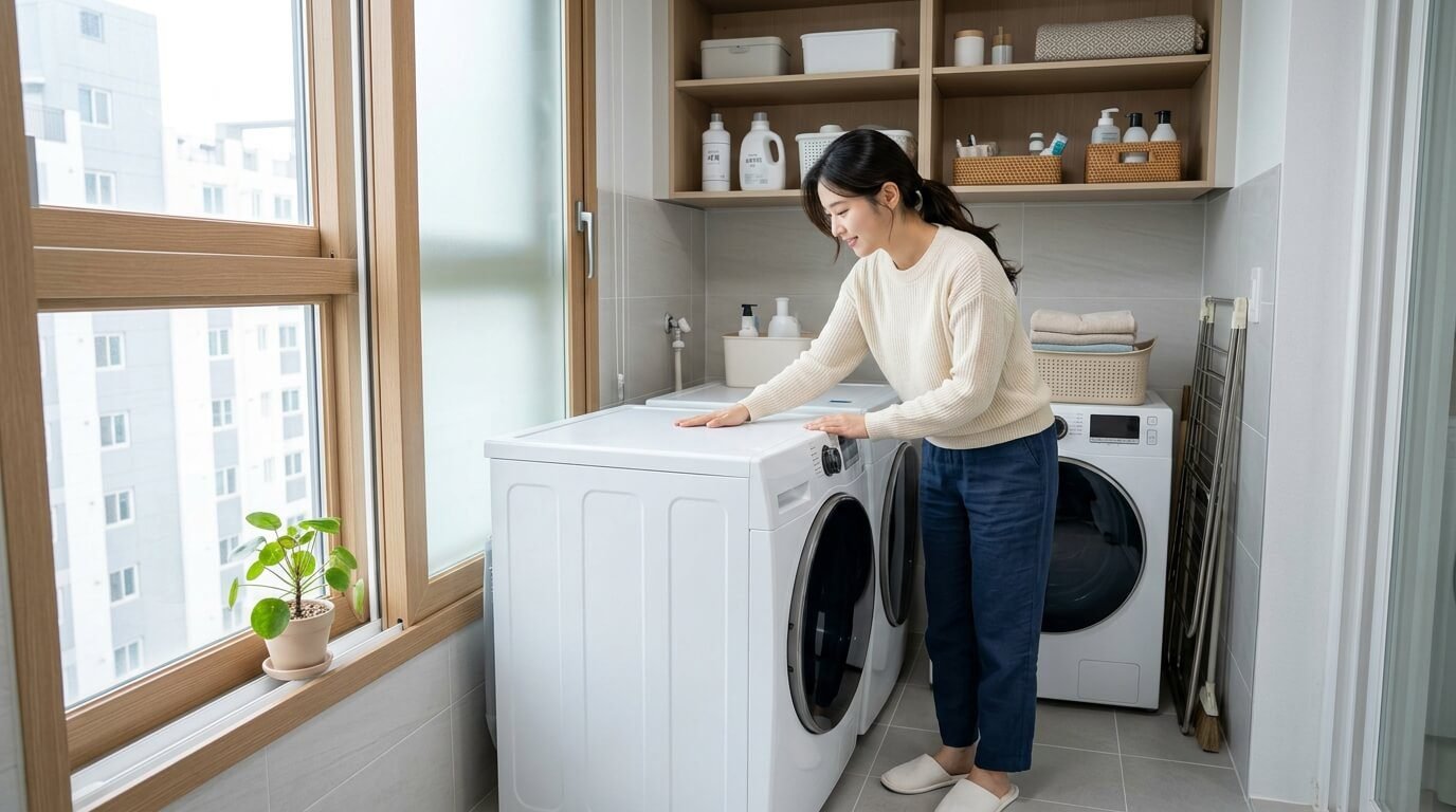 가전제품 스티커 자국을 안전하게 지우기 전 플라스틱 사출물 표면의 상태를 꼼꼼하게 점검하고 있는 젊은 한국인 여성