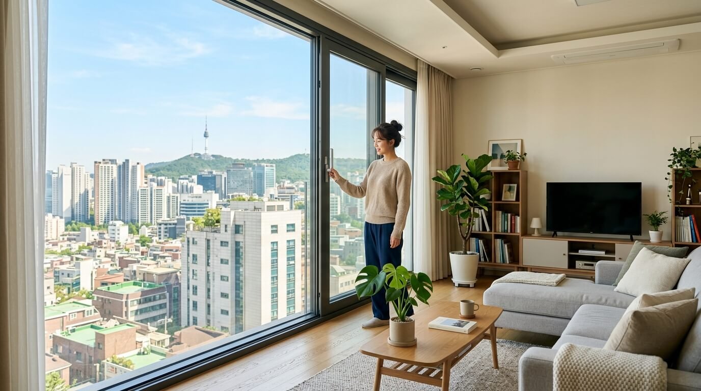 먼지 날림을 줄이기 위해 안쪽에서 실천하는 올바른 방충망 청소 방법의 첫 단계를 점검 중인 젊은 한국인 여성