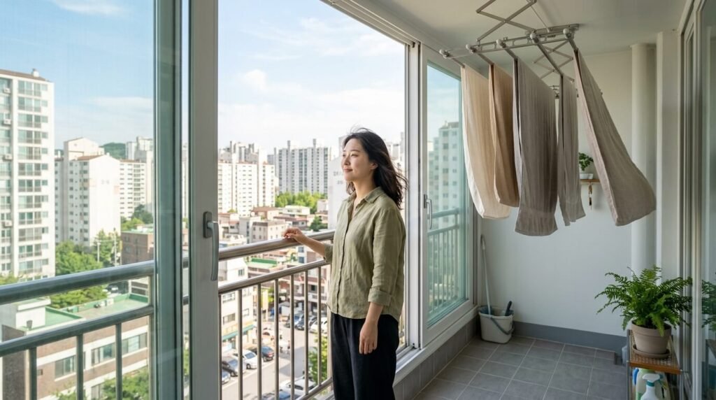수건 냄새 제거를 위해 바람이 잘 통하는 베란다에서 건조 중인 수건들