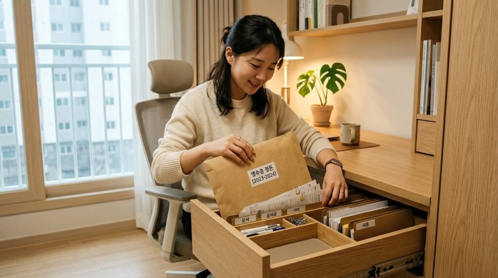 글씨 유실을 막기 위해 종이 봉투에 담아 그늘진 서랍에 종이 영수증 보관하는 방법