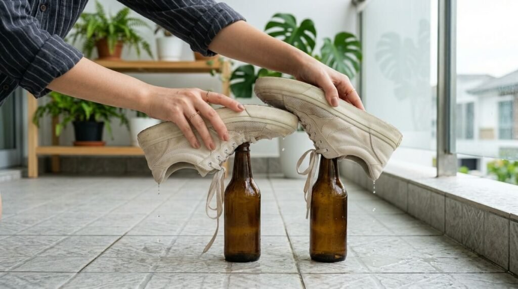 비 오는 날 신발 젖었을 때 배수 수치를 높이고자 빈 병에 신발을 거꾸로 세워 유격 공간을 확보하는 행동