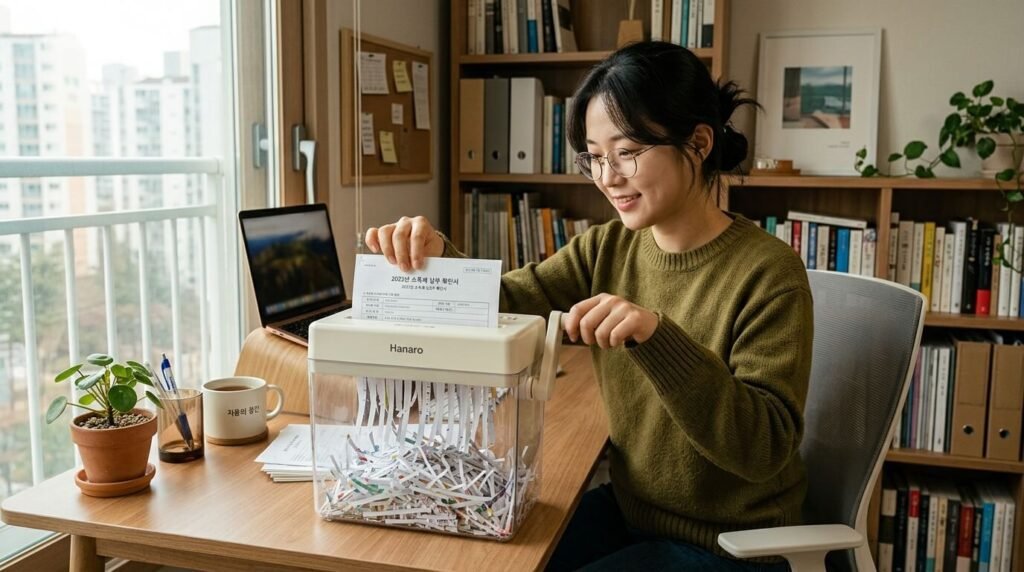 개인정보 유출을 방지하기 위해 버려도 되는 항목을 잘라내며 종이 영수증 보관을 마무리지어 정리하는 모습
